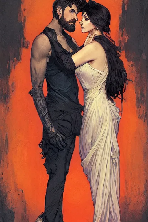 Image similar to bearded young man in orange t - shirt fastens beautiful black dress of his spouse before going to exquisite gala art by artgerm and greg rutkowski and charlie bowater and magali villeneuve and alphonse mucha