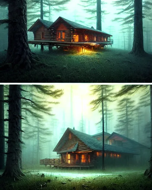 Image similar to a hyper - detailed 3 d render like an oil painting of cabin in the woods floating inside our own consciousness!!!!! surreal concept art, lifelike, photorealistic, digital painting, aesthetic, smooth, sharp focus, artstation hd, by greg rutkowski, bruce pennington, valentina remenar, rhads, asher duran,