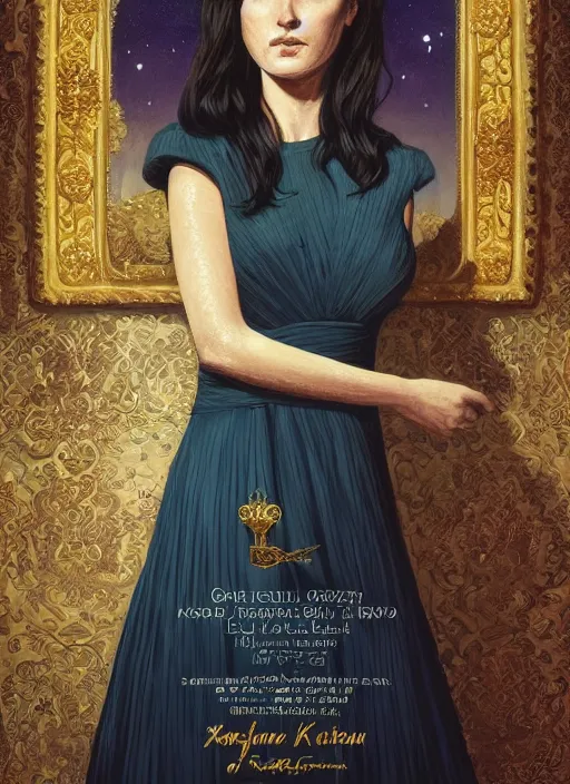 Image similar to portrait of a queen with green eyes and freckles, dressed in a navy blue gown with gold embroidered details, dark brown hair, detailed face, fantasy, cinematic lighting, digital art painting, fine details by realistic shaded lighting poster by ilya kuvshinov katsuhiro otomo, magali villeneuve, artgerm, jeremy lipkin and michael garmash and rob rey