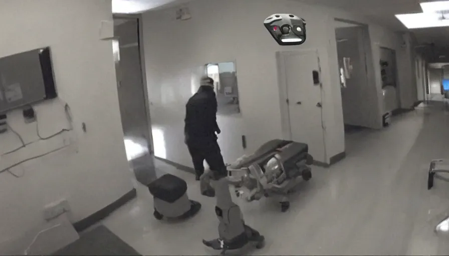 Image similar to a man being hospitalized by robots, by mini dv camera, very very low quality, heavy grain, very blurry, accidental flash, webcam footage, found footage, security cam, caught on trail cam