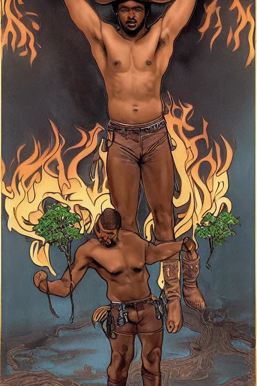 Prompt: a dramatic ethereal epic symmetrical painting of a handsome black man holding a bonsai tree | he is shirtless and wearing a cowboy hat, leather shorts, and boots | background is a fire conflagration flames | tarot card, art deco, art nouveau, homoerotic, realistic | by Dresden Codak, by Mark Maggiori and ((((Alphonse Mucha))) | trending on artstation