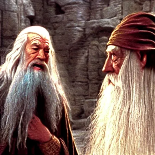 Prompt: Gwaihir Speaking with Gandalf, Scene from Lord of the Rings