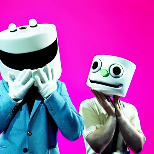 Prompt: marshmello prays to crazy frog with hands clasped