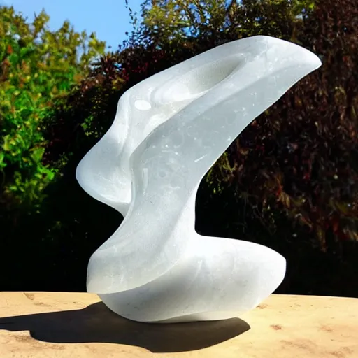 Image similar to !dream abstract carved quartz sculpture, wiggly non rational shapes, fluid and dynamic, sharp and smooth, product photo