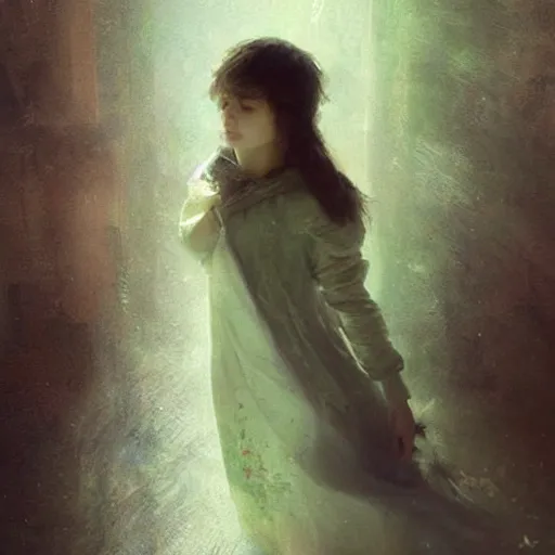 Prompt: a young man of just 14 with Snow White white white white!!! hair and glowing green eyes who can walk through walls, disappear, and fly. Ruan Jia. Alayna Danner