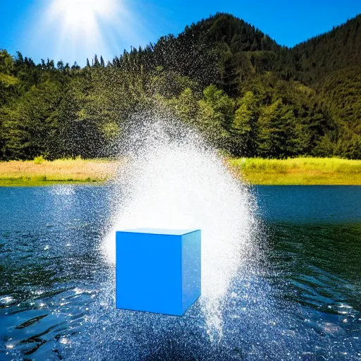 Image similar to a blue cube splashing into a turbulent lake