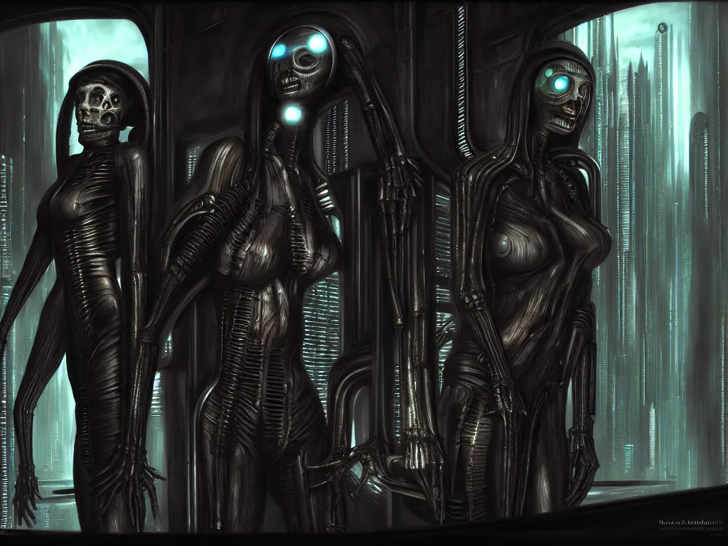 Prompt: a couple of people that are next to each other, cyberpunk art by h. r. giger, featured on cgsociety, fantasy art, lovecraftian, deviantart, daz 3 d