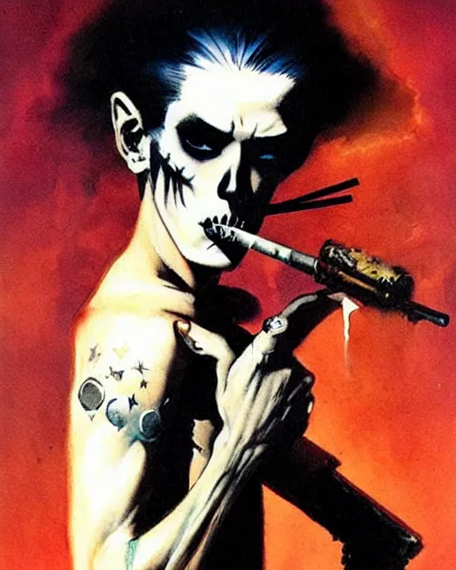 Prompt: portrait of a skinny punk goth soldier smoking a cigarette by simon bisley, john blance, frank frazetta, fantasy, barbarian