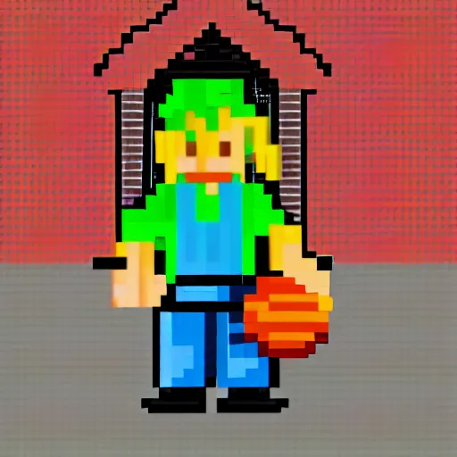 Image similar to pixel art of a farmer in a cathedral holding a red basketball