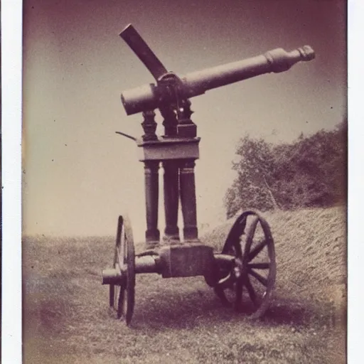 Prompt: polaroid photo of a napoleonic cannon standing on a graveyard.