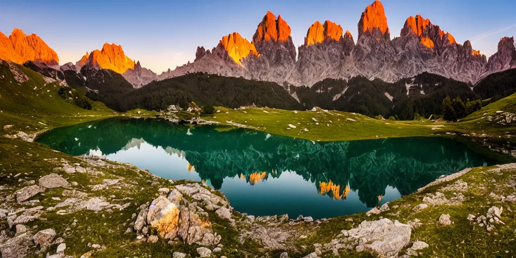 Prompt: extremely beautiful alpine scenery at sundown, dolomites, calm lake in foreground