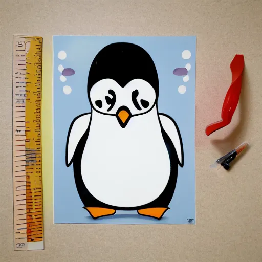 Image similar to a sad crying penguin holding a ruler, photo