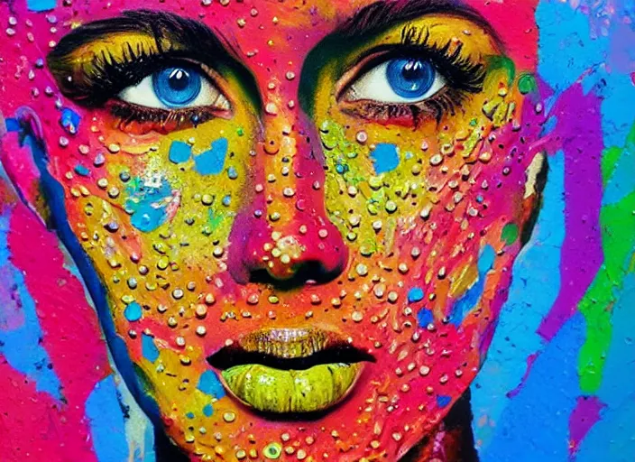 Image similar to intricate face with dots of paint melting in to a colorful painting made of gouache impasto