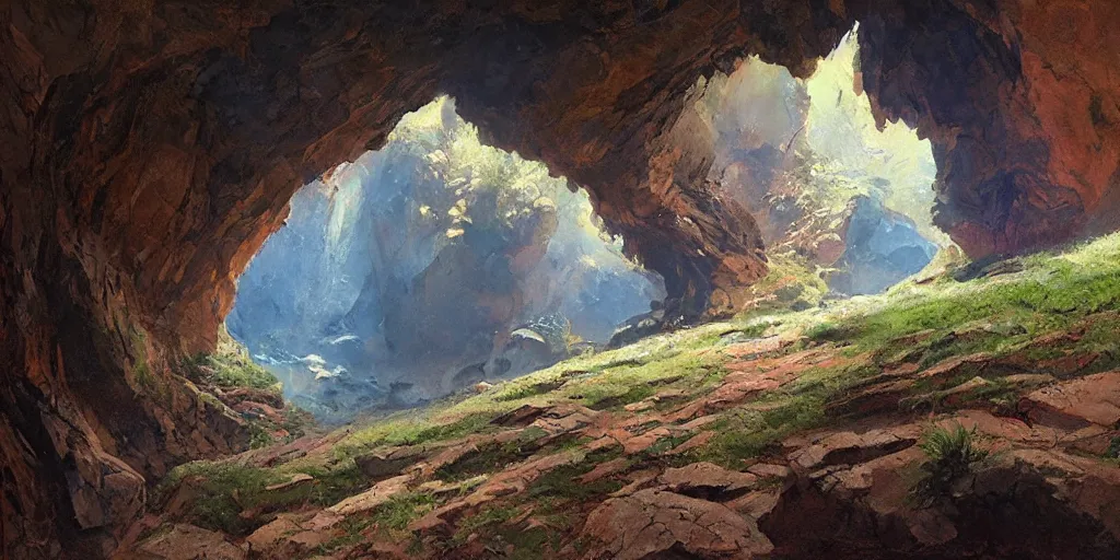 Prompt: painting of majestic curved wall in a dark cave with rocky ground, art by james gurney and greg rutkowski, vivid colors