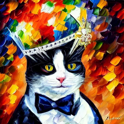 Prompt: portrait painting of a tuxedo cat wearing a silver crown and necklace by Leonid Afremov