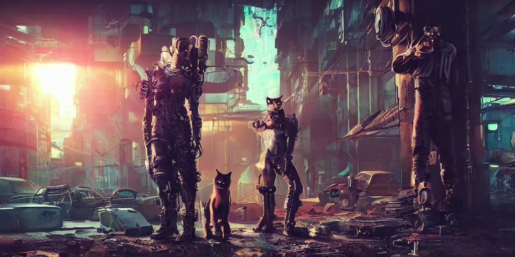Prompt: cyberpunk cat gang, fallout 5, studio lighting, deep colors, apocalyptic setting, sneak peek into the future