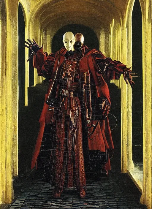 Image similar to a cyberpunk augmented priest jacking into the matrix by Jan van Eyck