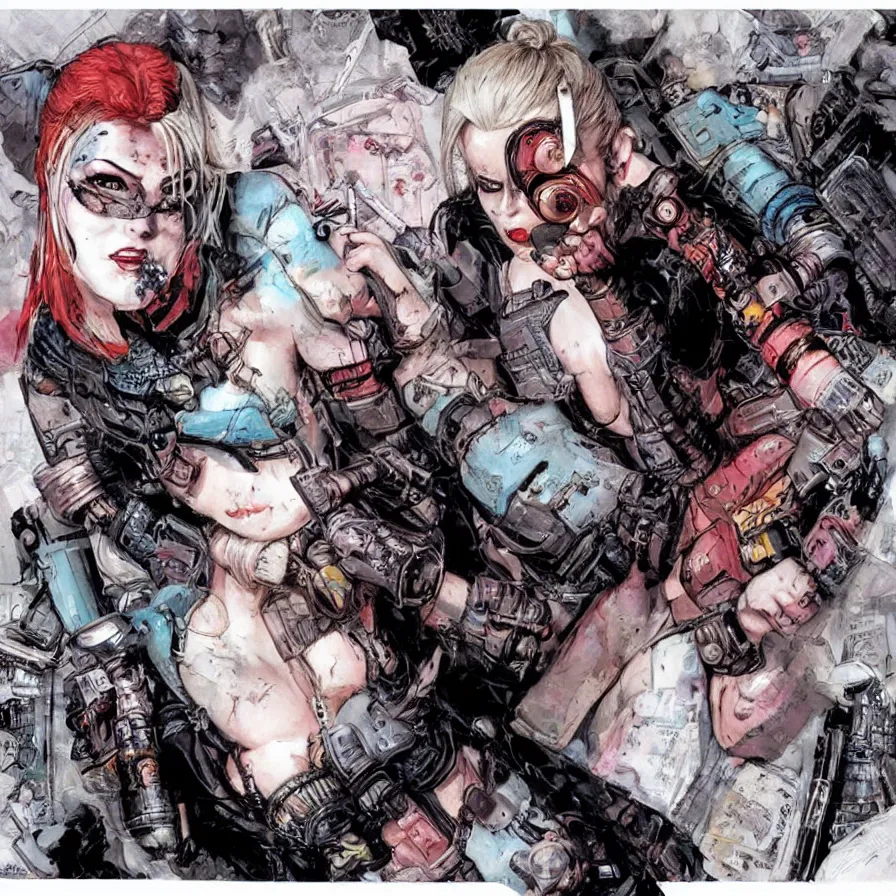 Image similar to a dream portrait of cyberpunk Harley Quinn in post apocalyptic Gotham art by Paul Dini, Travis Charest, Simon Bisley