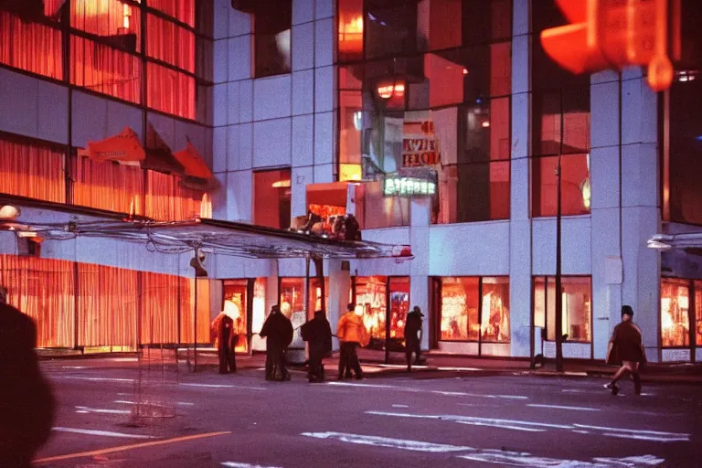 Image similar to outdoorsy guys club likes to look at the exteriors of urban architecture onion column shot by darius khondji wong kar-wai shot on film technicolor night time scenes reflections through windows red and blue lights orange lights busy nightlife in city scene melancholic quality