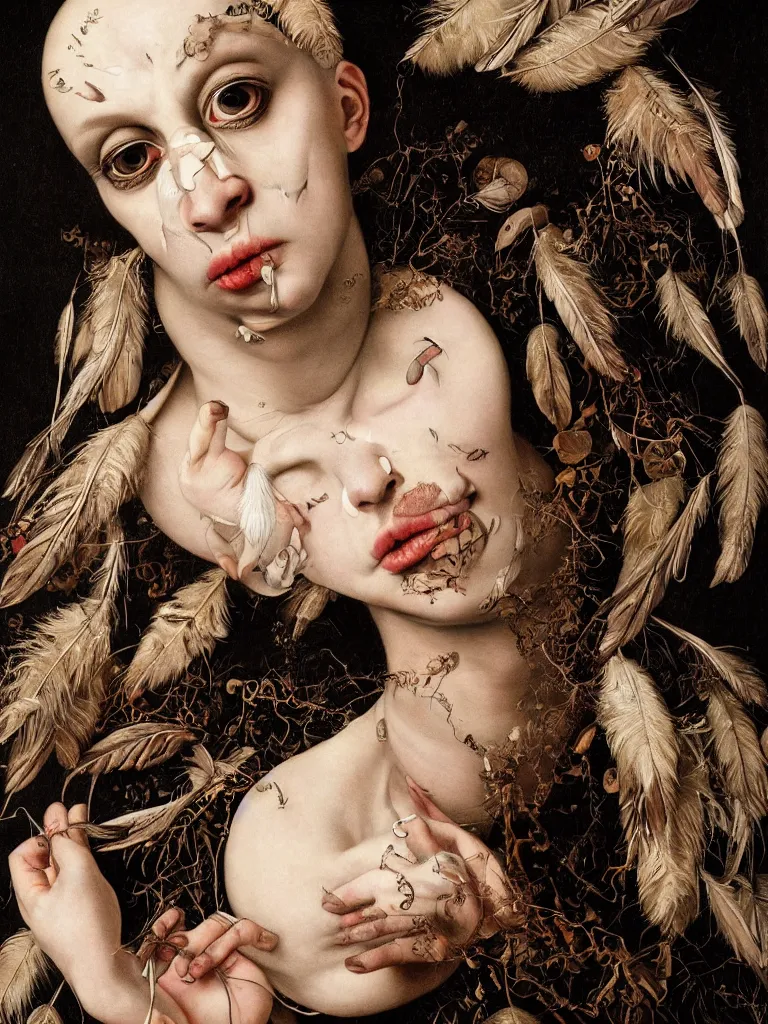 Image similar to Detailed maximalist portrait with cracked porcelain skin, dark doe eyes, a mouth like PJ Harvey, feather and milk, HD mixed media, 3D collage, highly detailed and intricate, surreal illustration in the style of Caravaggio, dark art, baroque