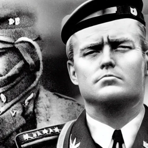 Image similar to a photo of soldier looking like donald trump in world war two, soviet propaganda