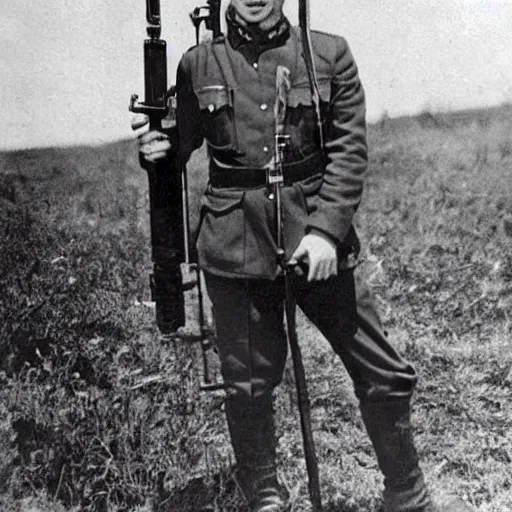 Image similar to old wartime photograph of elon musk holding a lewis gun, 1 9 1 7