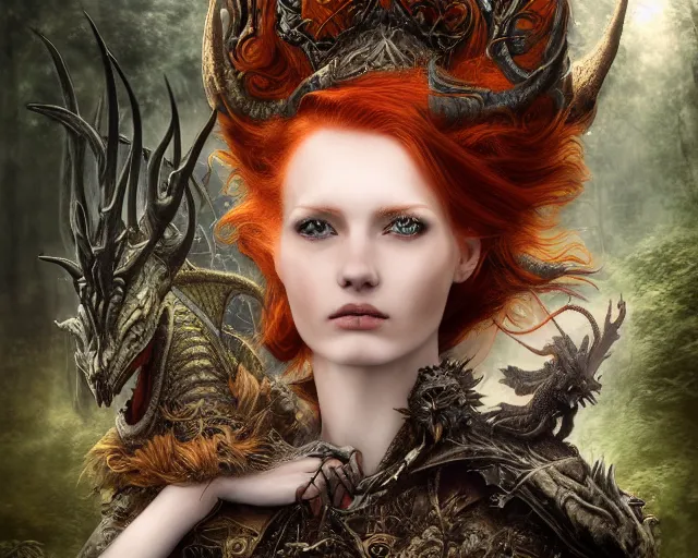 Image similar to 5 5 mm portrait of an armored gorgeous anesthetic redhead woman with a face tattoo and horns growing from her head, and small dragon sitting on her shoulder in a magical forest in the style of stefan kostic, art by luis royo. highly detailed 8 k. intricate. lifelike. soft light. nikon d 8 5 0. cinematic post - processing
