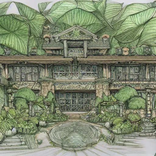 Image similar to annotated highly, detailed and intricate, sketch of a lodge full of green plants, marker concept art style rendering, concept art, half blueprint, trending on artstation, intricate details, center frame, annotations