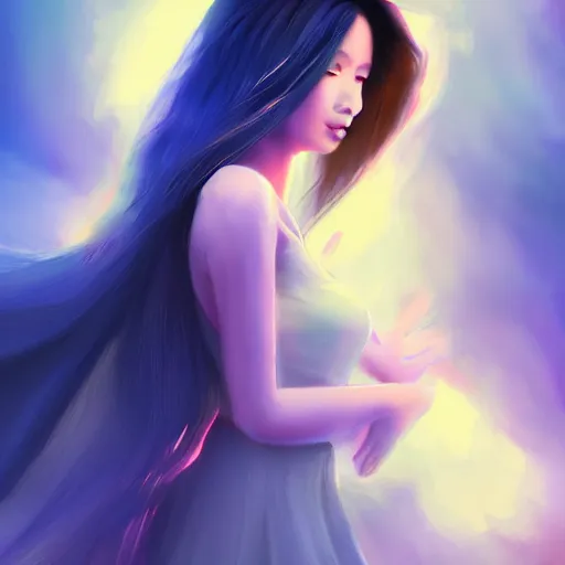 Prompt: a thin, pretty young Filipino woman with long hair floats in a dreamy world, full body view, very beautiful, inspiring, dramatic lighting, abstract digital art, trending on artstation