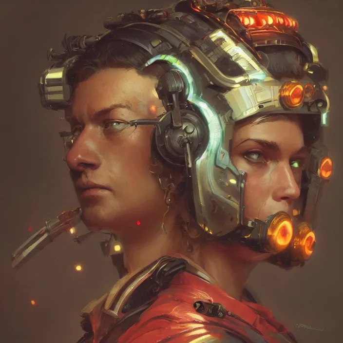 Image similar to a head and shoulders portrait of a space pirate, neon, retro, steampunk, smooth, sharp focus, intricate, artstation, detailed concept art by Greg Rutkowski and Norman Rockwell