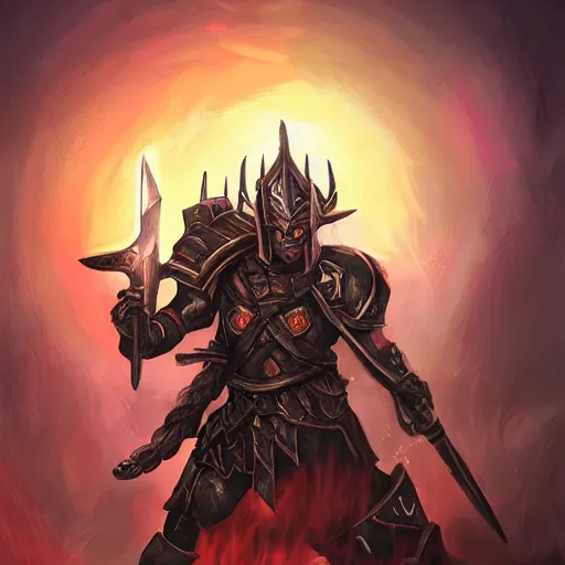 Image similar to Ares with heavy armor and sword, greek war god, dark sword in Ares's hand, war theme, bloodbath battlefield, hot coloring, hearthstone art style, epic fantasy style art, fantasy epic digital art, epic fantasy card game art