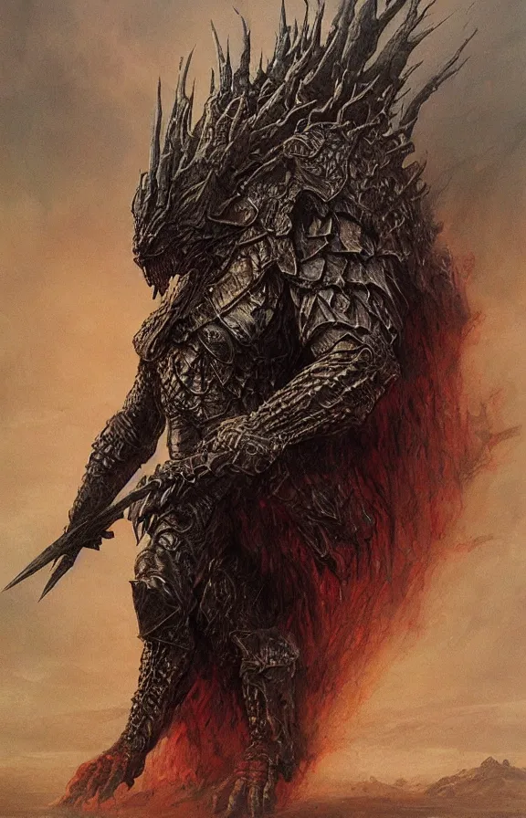 Image similar to war beast concept, wearing tribal armor, beksinski, wayne barlowe, adrian smith fantasy art, the hobbit art, lord of the ring art, the witcher concept art, trending on artstation