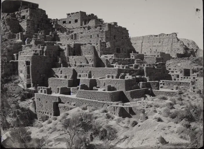 Prompt: Photograph of sprawling pueblo ruins carved out of a cliff face, showing terraced gardens and narrow stairs in lush desert vegetation in the foreground, albumen silver print, Smithsonian American Art Museum