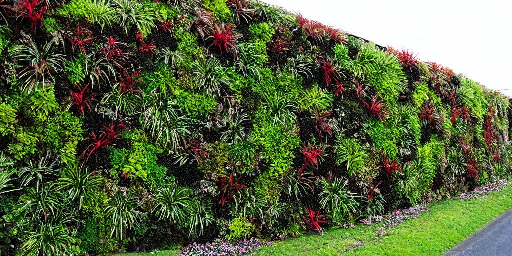 Prompt: a living wall made of new zealand endemic plant species on a suburban street in wellington, new zealand. astelia, metrosideros, griselenia