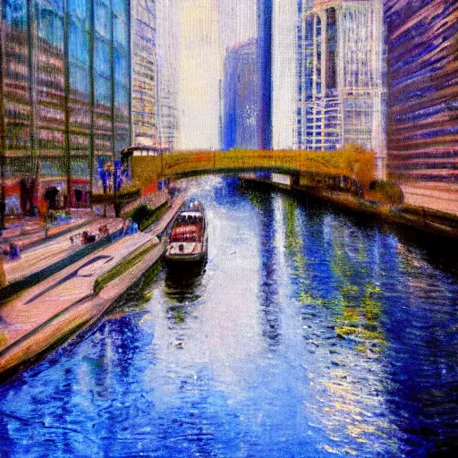 Prompt: An Impressionist painting of the Chicago River at noon