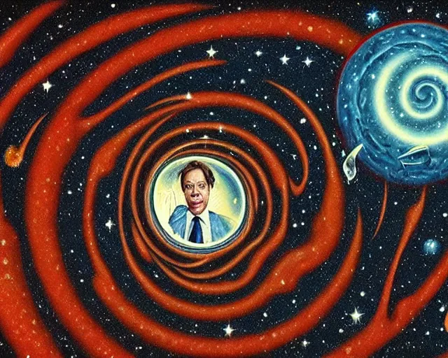 Image similar to steve buscemi floating in a spiral galaxy, cosmic horror painting, elegant intricate digital painting artstation concept art by basil wolverton by robert crumb by william eggleston detailed