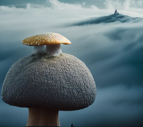 Image similar to a giant mushroom engulfs a whole kingdom and reaches above the clouds. intricate. lifelike. soft light. sony a 7 r iv 5 5 mm. cinematic post - processing