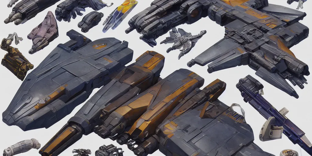 Image similar to collection of futuristic sci - fi props and gadget, moebius, items, hard surface, kitbash, parts, shape and form, in watercolor gouache detailed paintings, star citizen, modular, pieces, golden ratio, weapon, guns, destiny 2, big medium small, insanely details, wes anderson, bungie, star wars, by makoto shinkai, ghibli