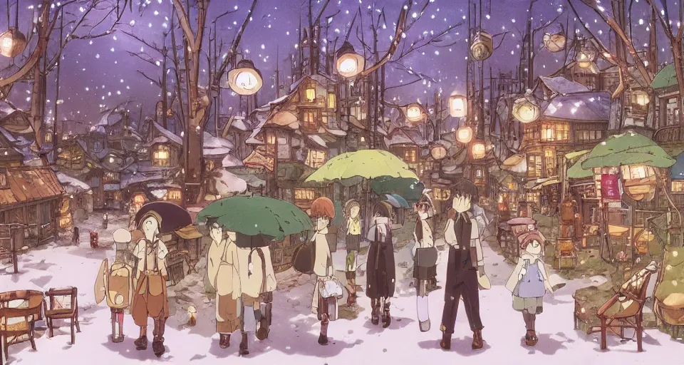 Prompt: Anime visual of a cozy steampunk village in an alien forest; cheerful and peaceful mood; illustrated by Hayao Miyazaki; anime production by Studio Ghibli; winter