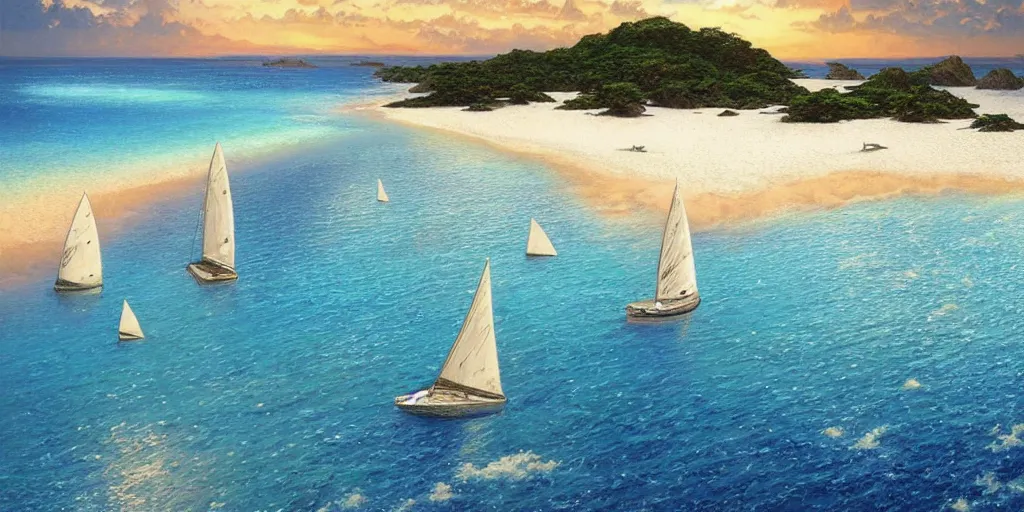 Image similar to ultra realistic illustration,, a beach in tanzania with sailboats in the distance, tropical blue water intricate from baldurs gate, elegant, highly detailed, digital painting, artstation, concept art, smooth, sharp focus, illustration, art by artgerm and greg rutkowski and alphonse mucha