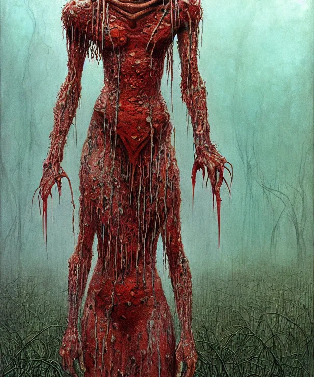 Prompt: a detailed mantiswoman stands among the swamps. wearing a ripped mantle, robe. perfect faces, extremely high details, realistic, fantasy art, solo, masterpiece, art by hermann nitsch, zdzislaw beksinski, dariusz zawadzki, giger, dragan bibin