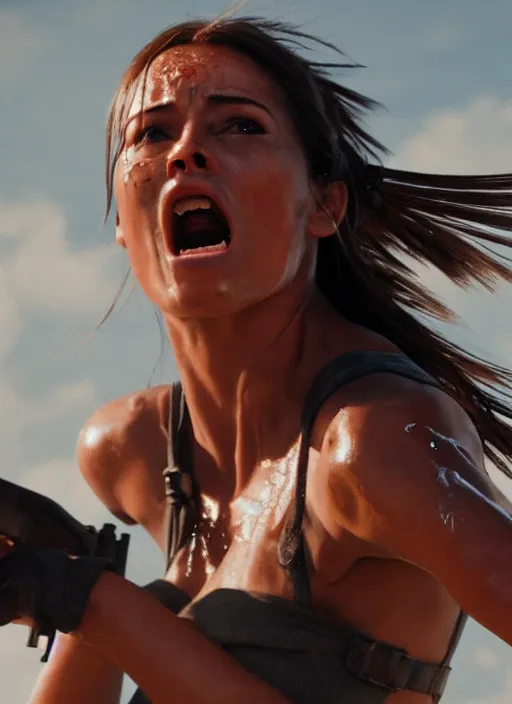 Image similar to a film still of lara croft screaming, her face sweat, direct sun light, close up potrait, cinematic,