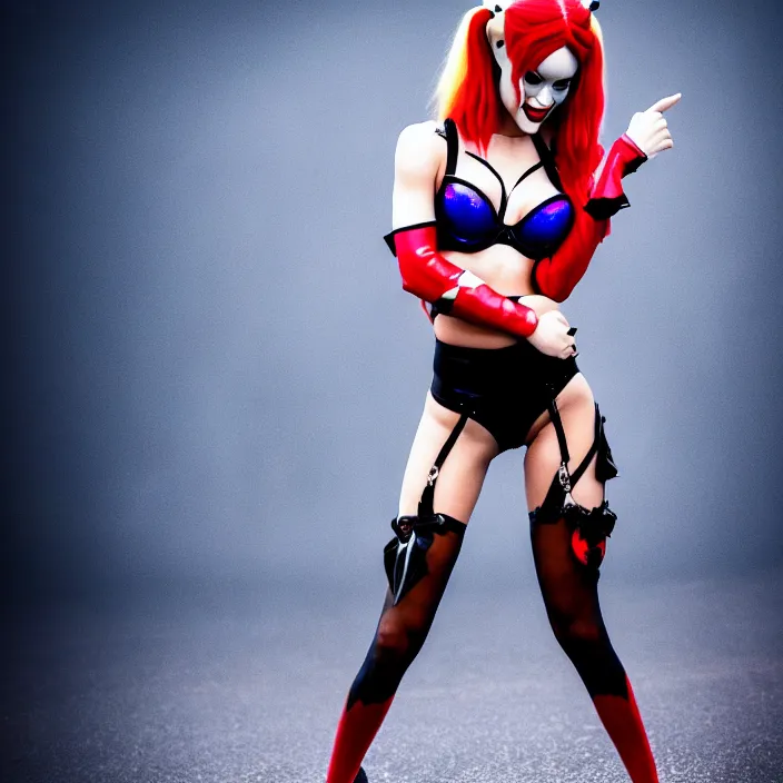 Prompt: fully body pose, photo of a very beautiful!! victoria secret model, harley quinn, raining, 8 k, hdr, smooth, sharp focus, high resolution, award - winning photo, trending on artstation, dslr, 5 0 mm