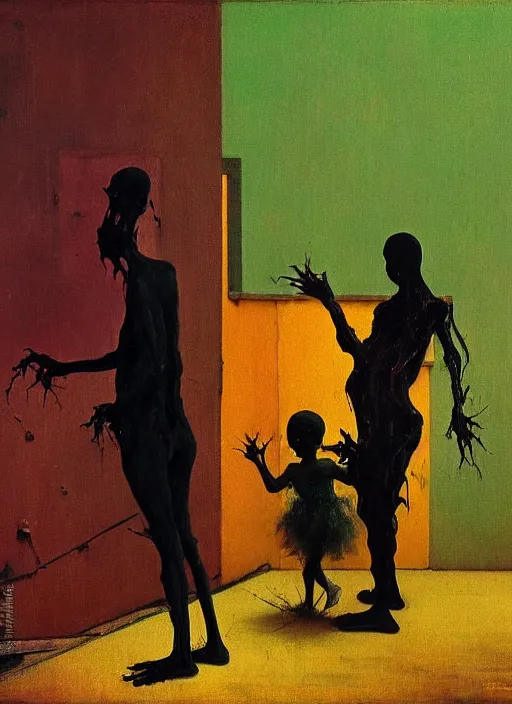 Image similar to two dark figures laughing and a black child inside a decayed contemporary living room with large tree in the style of Francis Bacon and Zdzislaw Beksinski, Edward Hopper and Norman Rockwell, highly detailed, very coherent, triadic color scheme