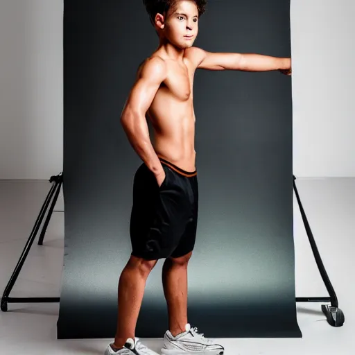 Prompt: full boy athlete lifestyle runner in studio, studio photography, warm tones