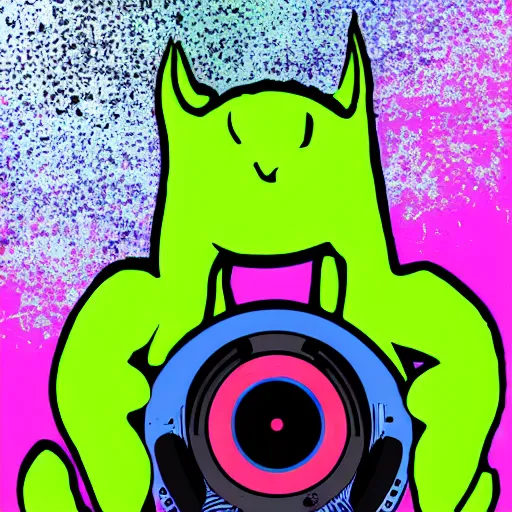 Image similar to svg sticker of a Pop-Wonder Alien-Bog-Monster-Swamp-Rat-Thunder-Coot-Racing-Fan at a rave, spinning records, giant headphones rocking out, wearing headphones, huge speakers, dancing, rave, DJ, spinning records, digital art, amazing composition, rule-of-thirds, award-winning, trending on artstation, featured on deviantart