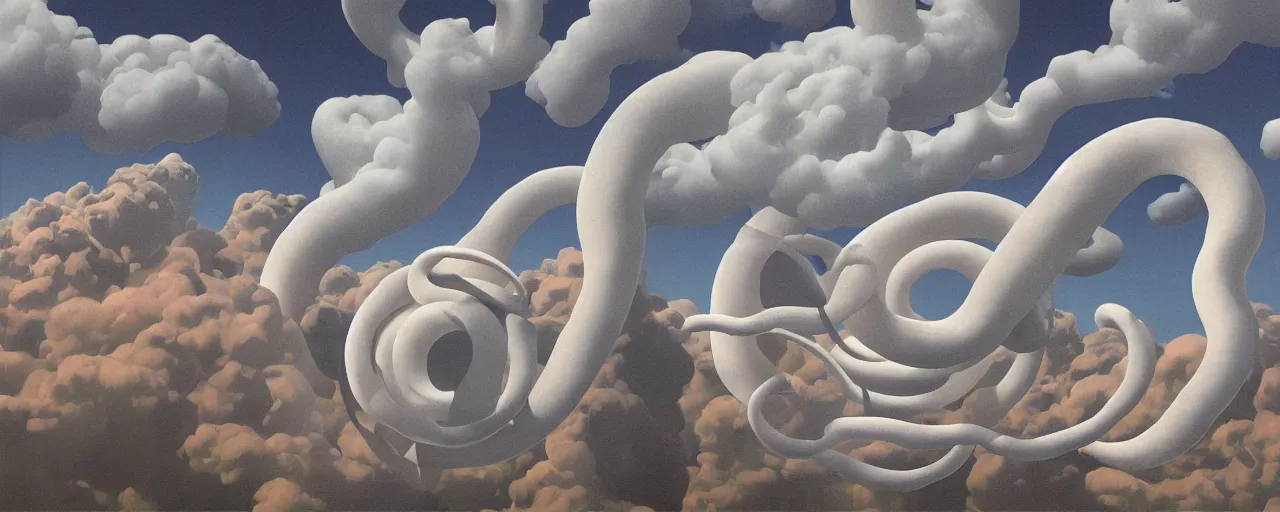 Prompt: a swirling cloud of snake medicine. Painting by René Magritte, 3D rendering by Beeple, sketch by R. Crumb