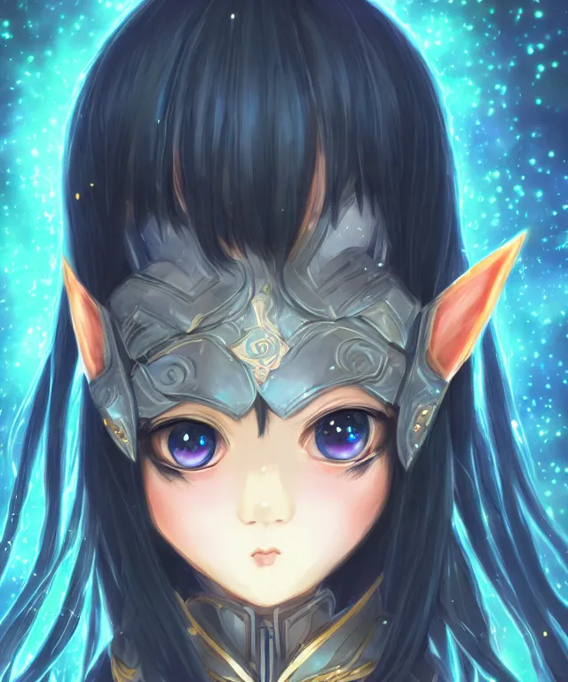 Image similar to adorable young cute anime elf girl, long black hair, fantasy armor. symmetrical face. symmetrical detailed defined eyes. beautiful lineart. bokeh pixiv # 1 ranking depth focus, chromatic aberration, noise, soft lighting, srgb, 4 k, cinematic