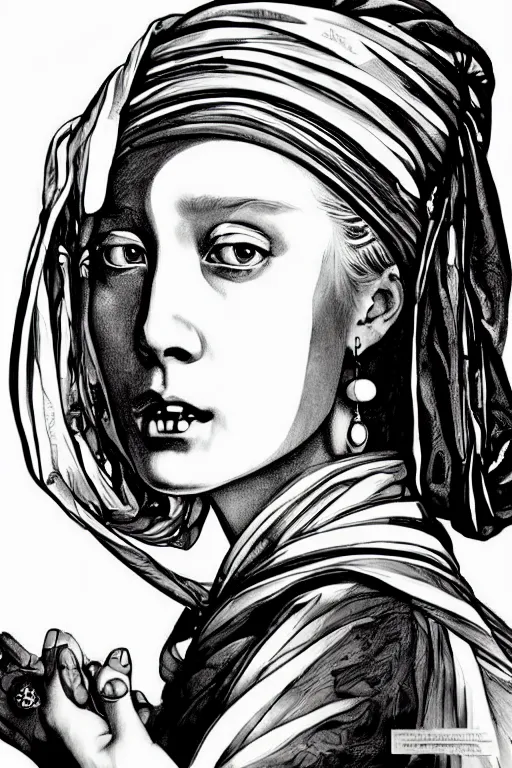 Image similar to beautiful portrait of a woman, negative no not the girl with a pearl earring, highly detailed ink illustration, b & w clean shaped illustration by kim jung gi, ric estrada, ron english and eiichiro oda