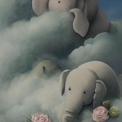 Prompt: “falling asleep with cute elephants made from clouds, illustration, detailed, smooth, pink white and green, by adolf lachman”